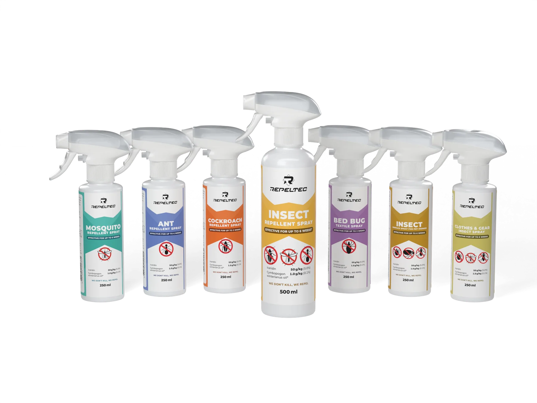 The Repeltec range: spray bottles with coloured labels, fanned out